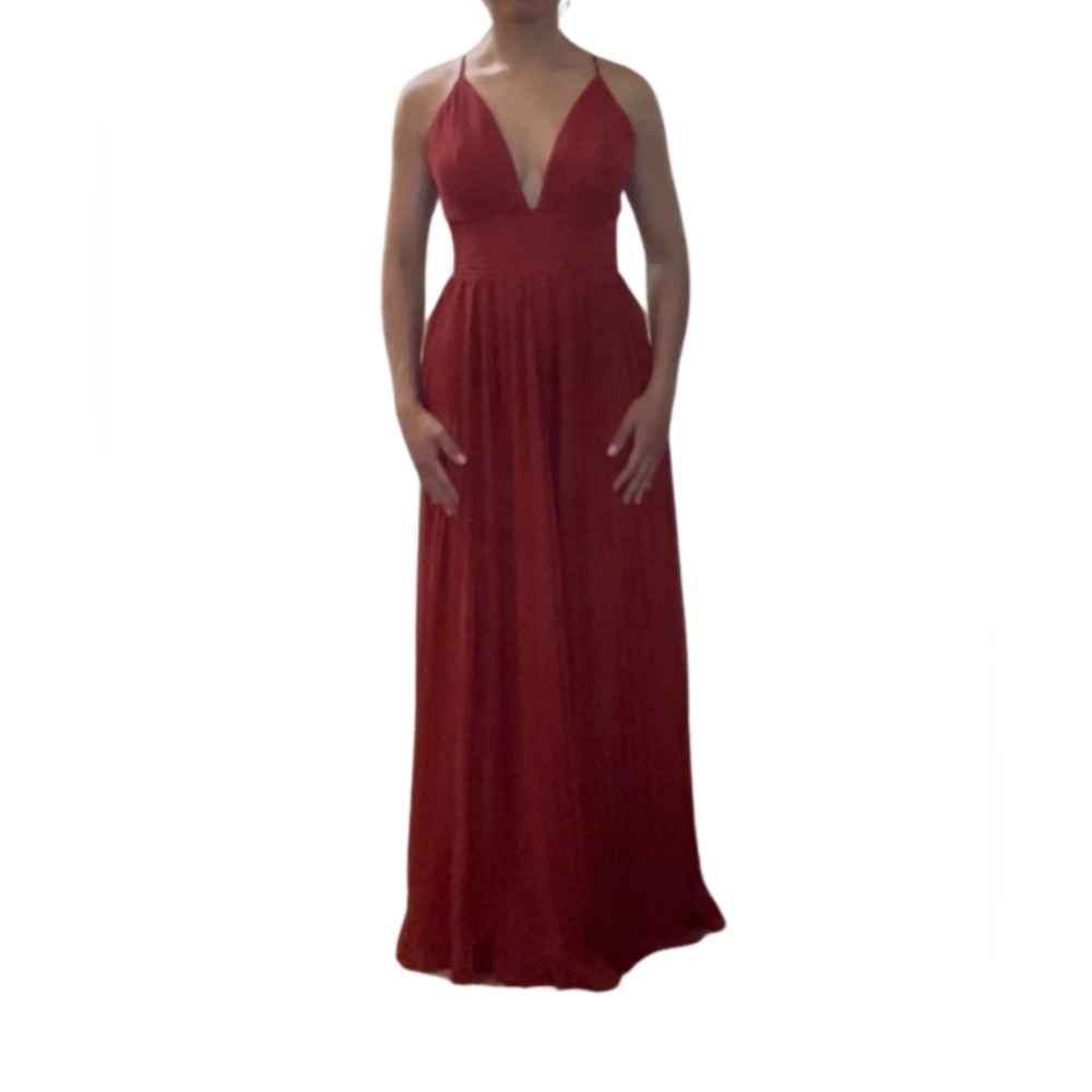 Red Plunge Neck Sleeveless Maxi Gown for Weddings (Kennedy Blue in Cinnamon colo